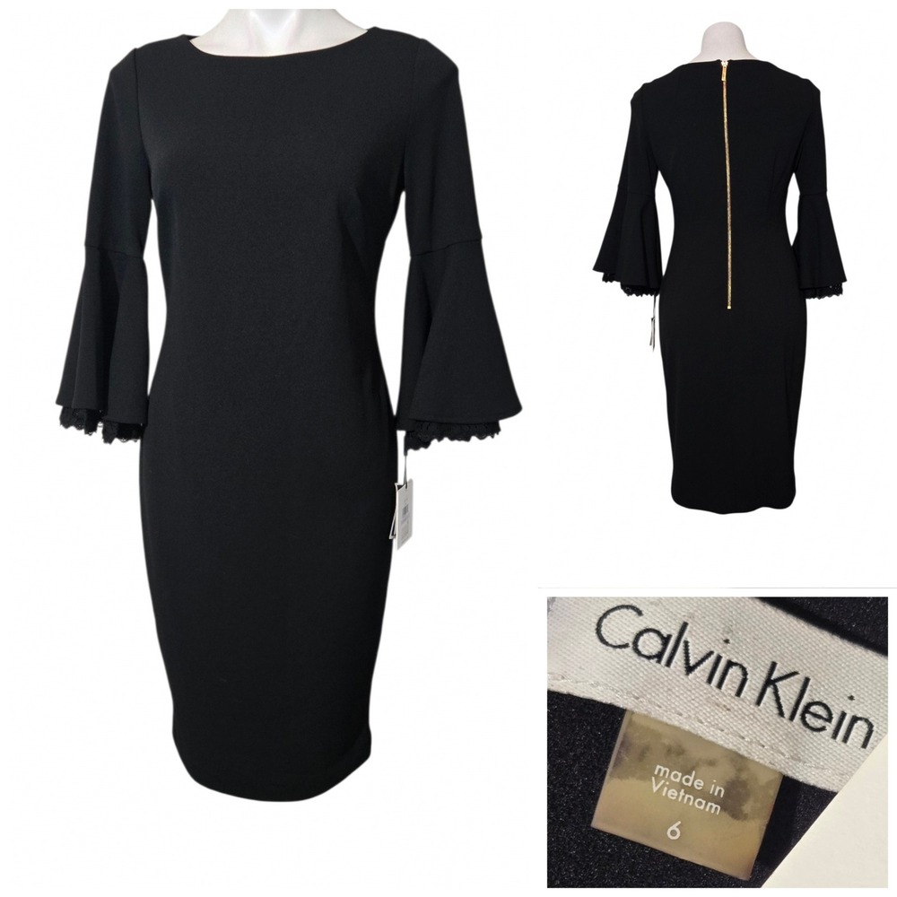 Calvin Klein Black Bell Sleeve Lace Trim Sheath Dress CD7C19CD Size 6 NWT